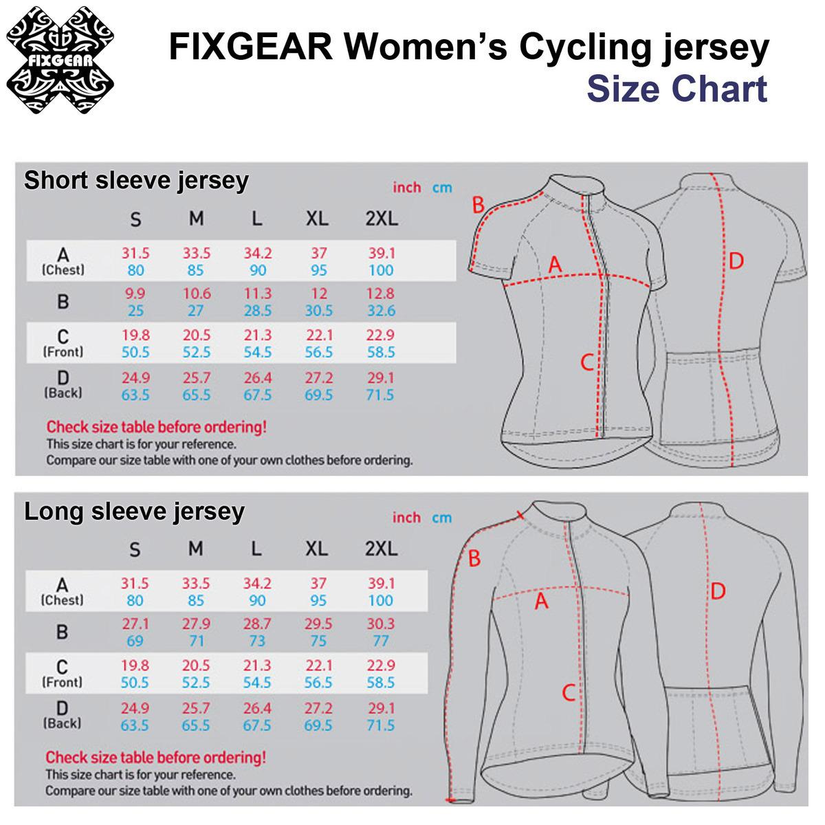 fixgear womens cycling jerseys sizing chart